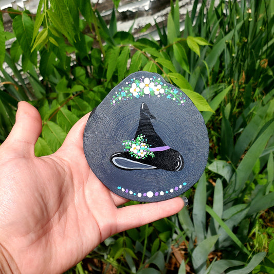 Cottagecore Floral Witch Hat Painted Wood Slice