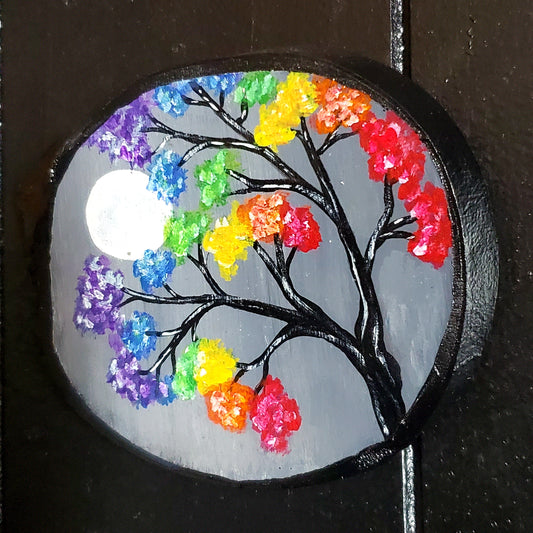 Rainbow Tree and Moon Pride Painted Wood Slice
