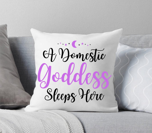 A Domestic Goddess Sleeps Here Purple and White Throw Pillow