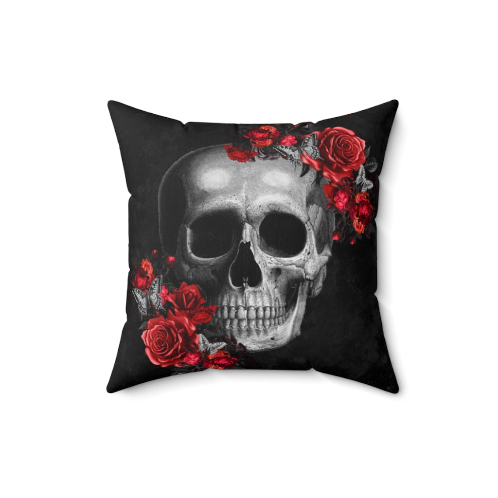 Red Rose Floral Skull Throw Pillow