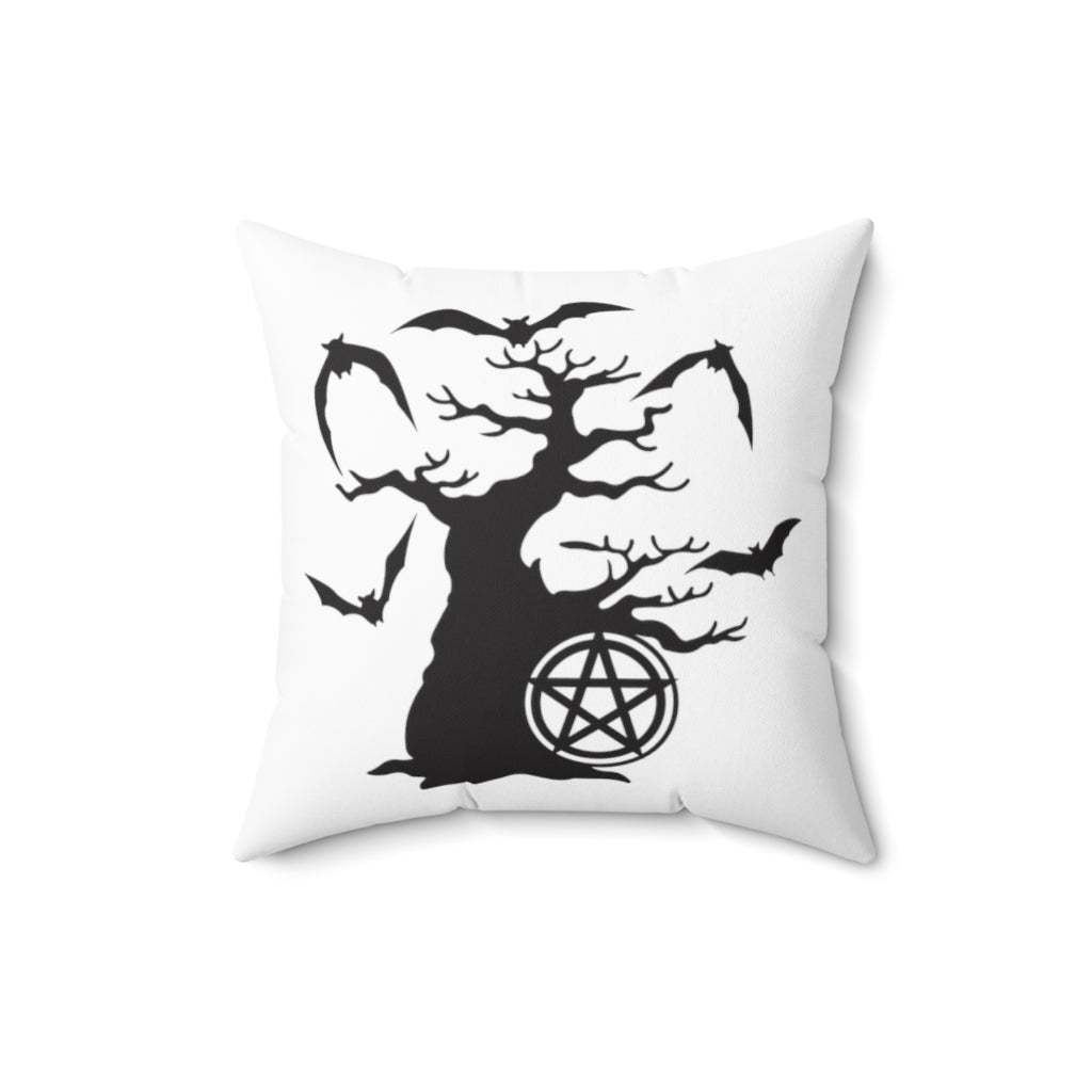 Spooky Tree with Pentagram White Throw Pillow