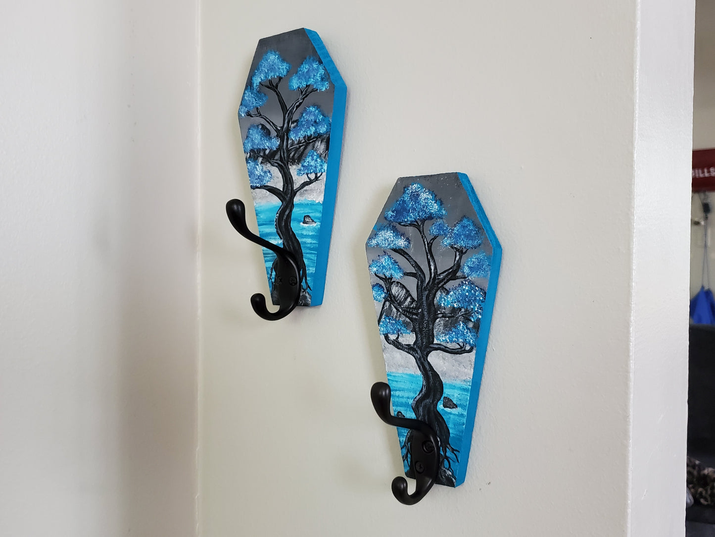 Whimsical Blue Tree Coffin Cup Holders