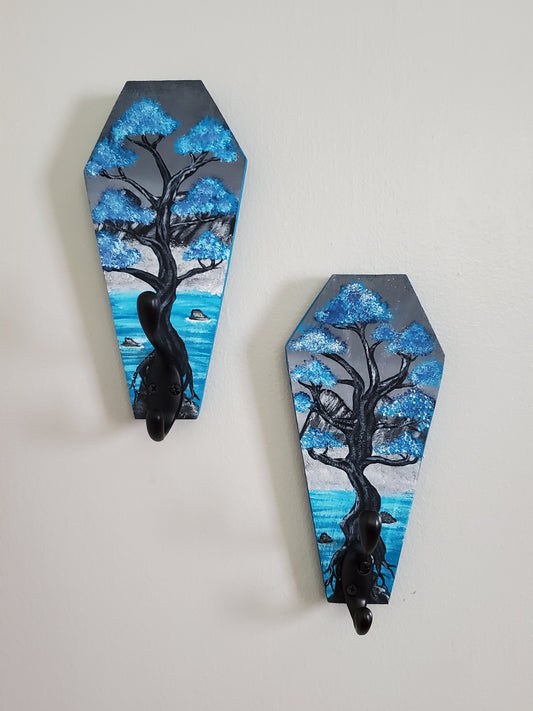 Whimsical Blue Tree Coffin Cup Holders