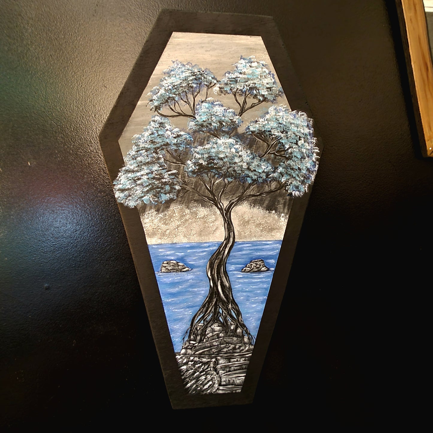 Whimsical Blue Tree Coffin Painting