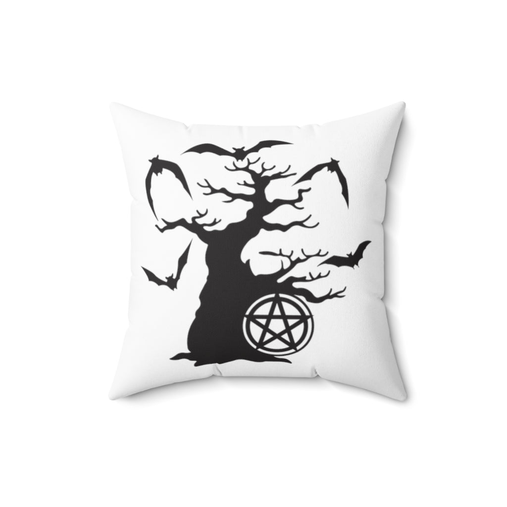 Spooky Tree with Pentagram White Throw Pillow