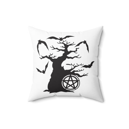 Spooky Tree with Pentagram White Throw Pillow