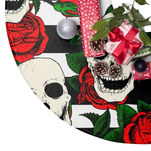 Gothic Red Rose and Skull Pattern Christmas Tree Skirt