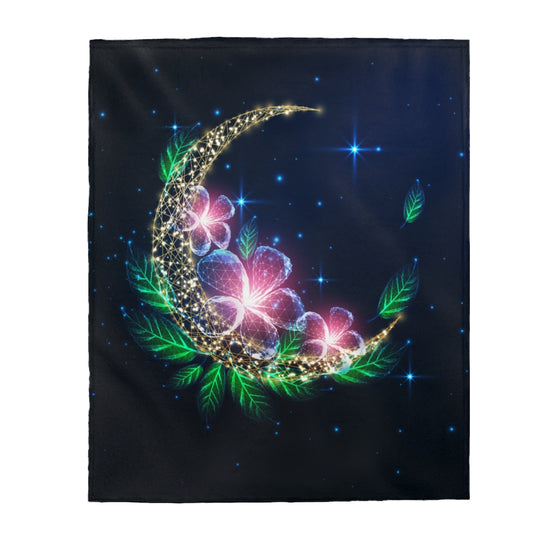 Crescent Moon and Flowers Velveteen Plush Blanket