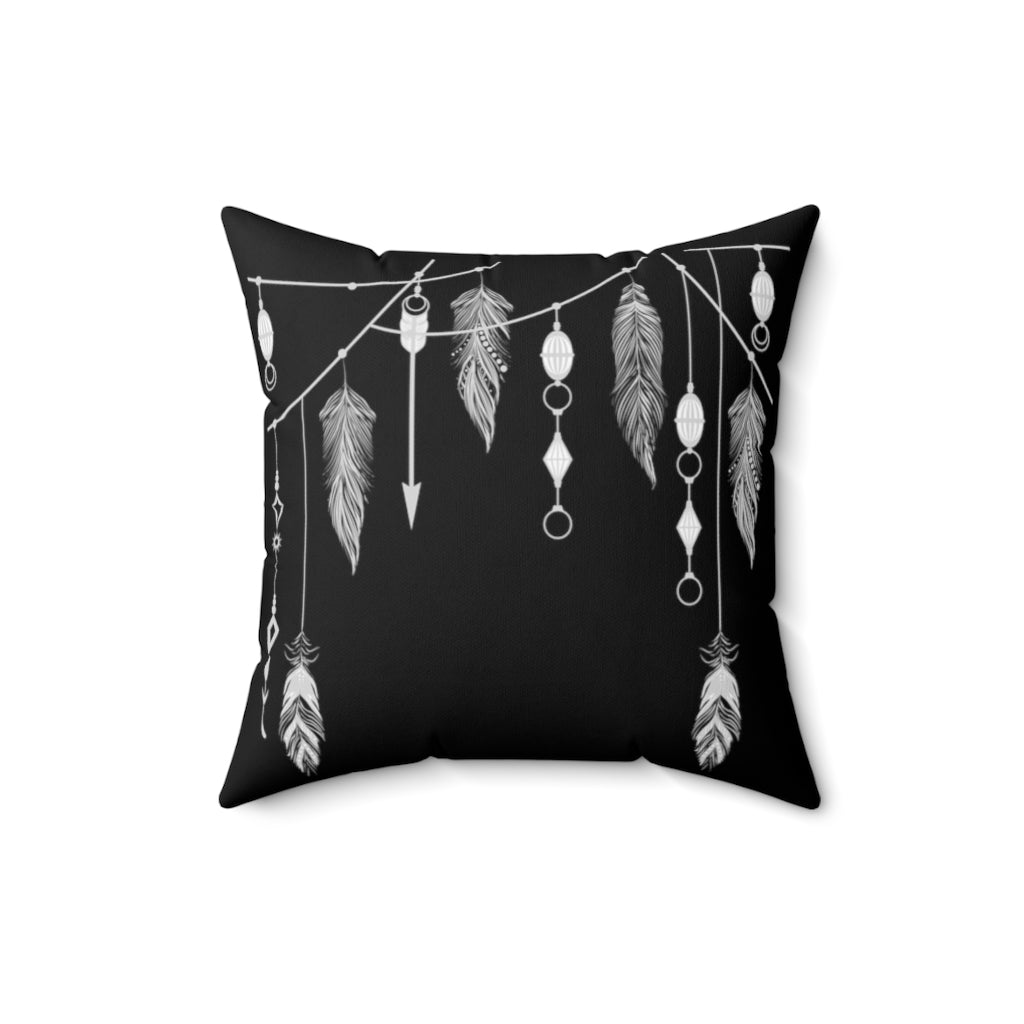 Black and White Boho Gothic Tribal Feather Throw Pillow