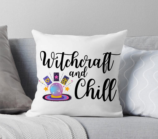 Black Lettering Witchcraft and Chill White Throw Pillow