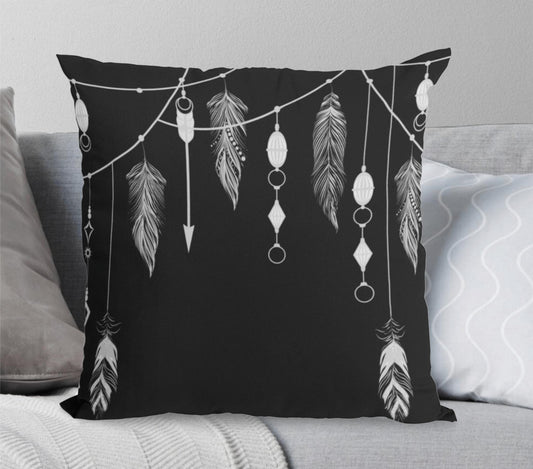 Black and White Boho Gothic Tribal Feather Throw Pillow