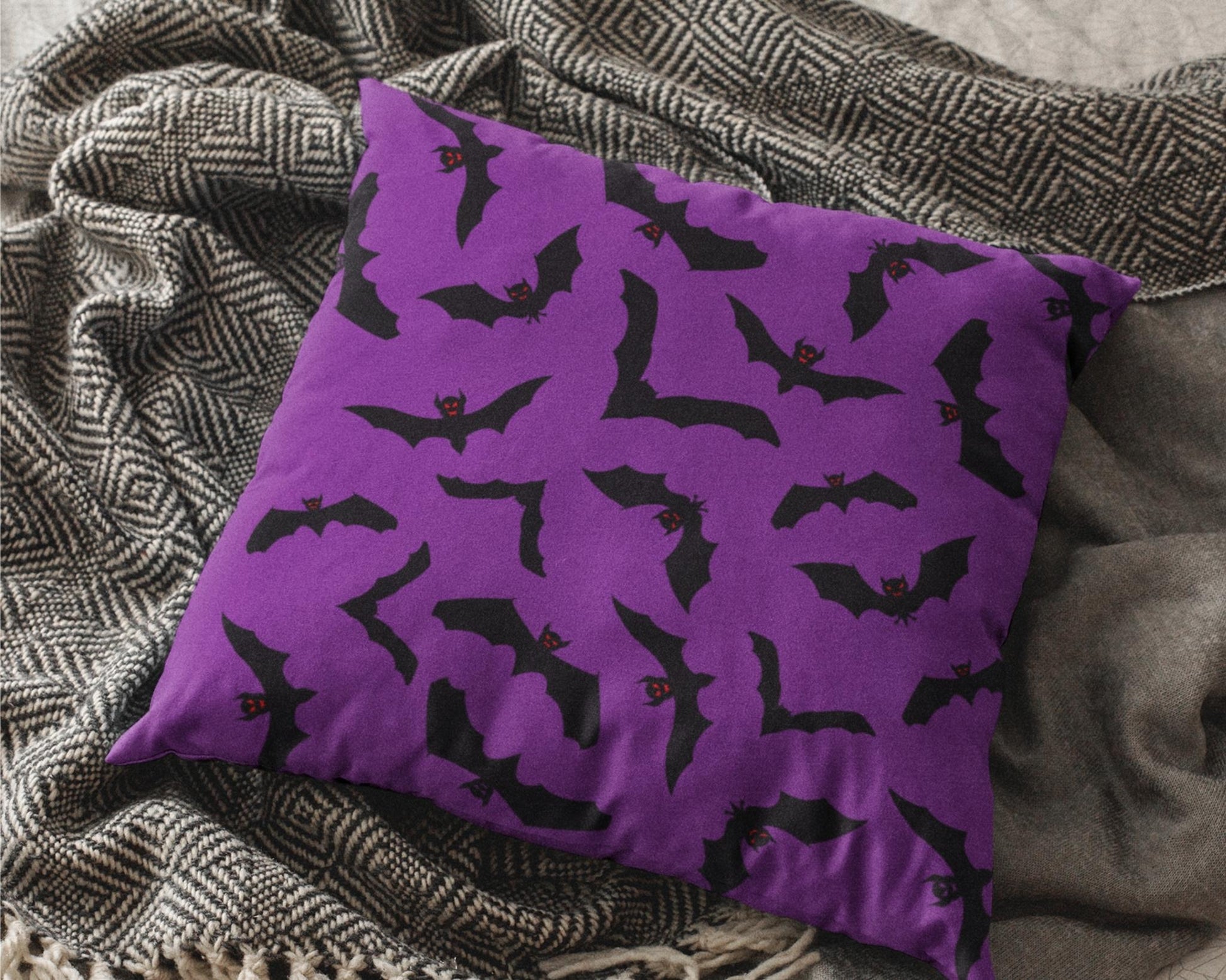 Bat Pattern Purple Halloween Gothic Throw Pillow