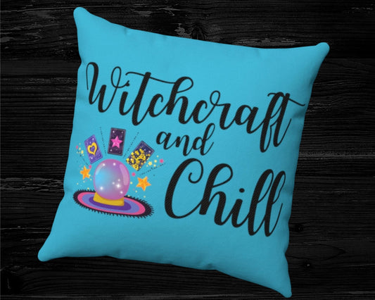 Black Lettering Witchcraft and Chill Bright Blue Throw Pillow