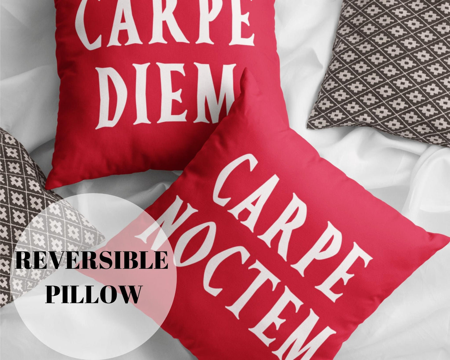 Reversible Carpe Diem Carpe Noctem Red Throw Pillow