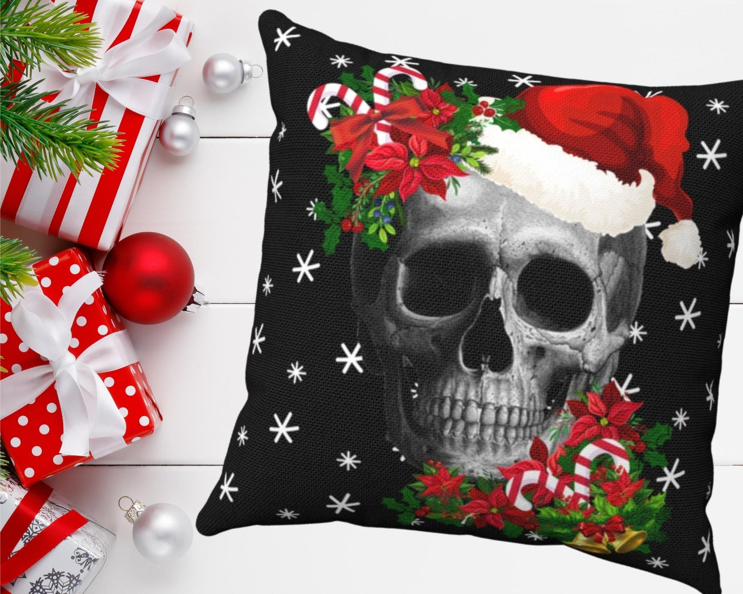 Creepy Christmas Skull Throw Pillow