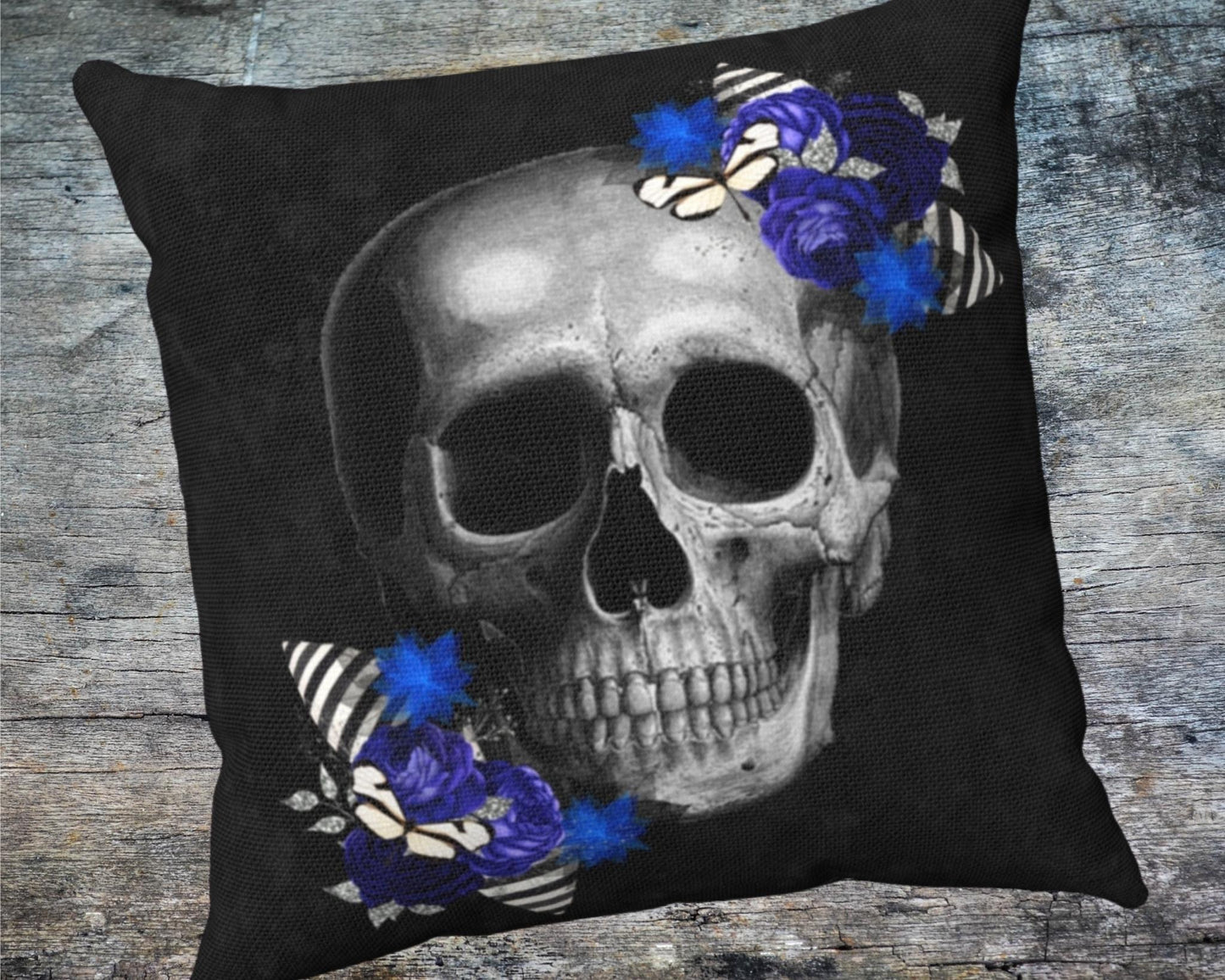 Blue Roses and Skull Throw  Pillow