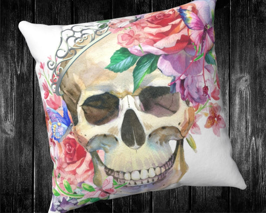 Pink Floral Skull Pastel Gothic Throw Pillow