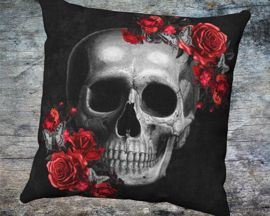 Red Rose Floral Skull Throw Pillow