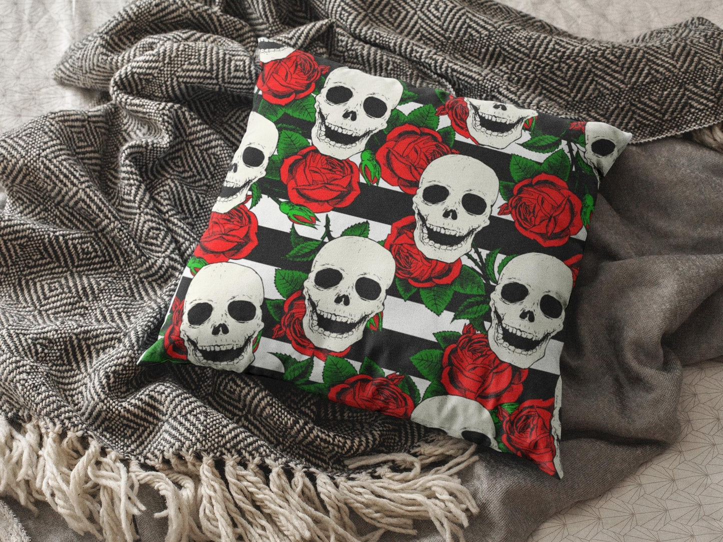 Skull and Red Rose Gothic Patterned Pillow