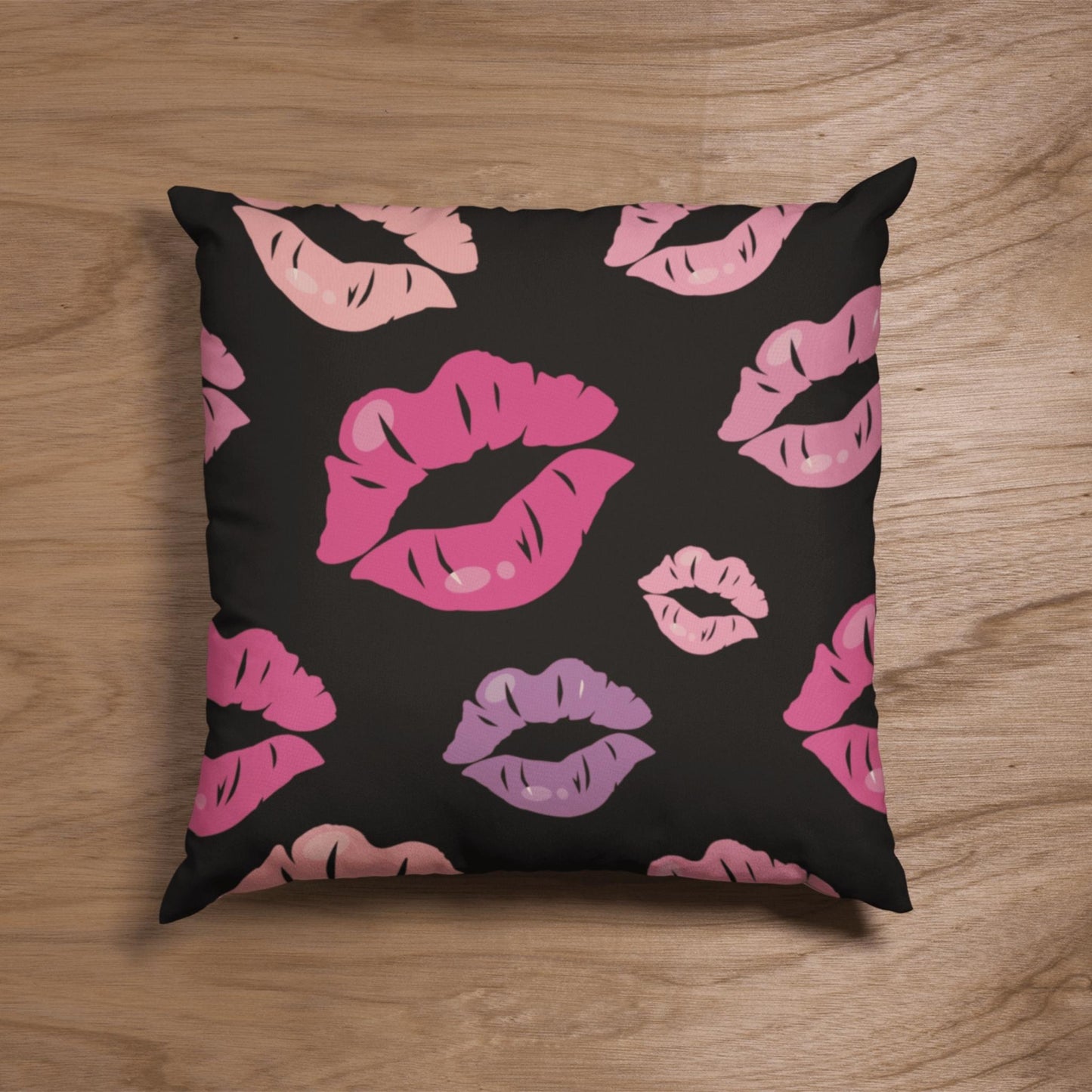 Pink and Purple Lip Pattern Valentines Black Throw Pillow