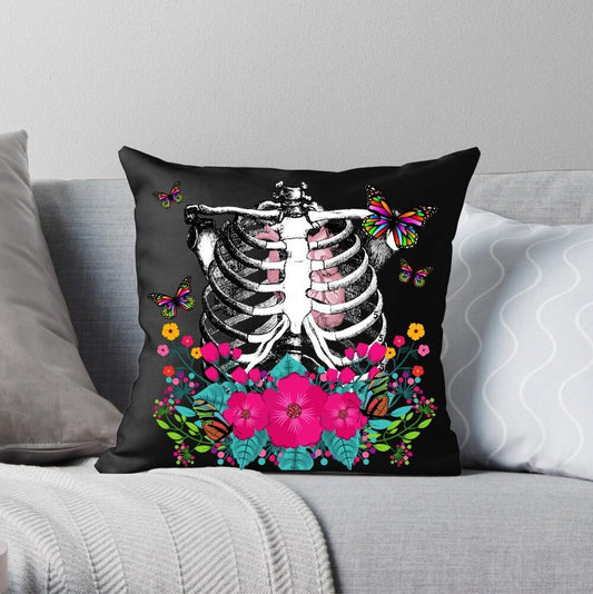 Colorful Gothic Victorian Floral Skeleton Throw Pillow