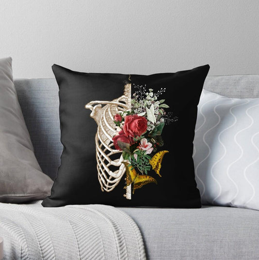 Vintage Gothic Victorian Floral Skeleton Throw Pillow