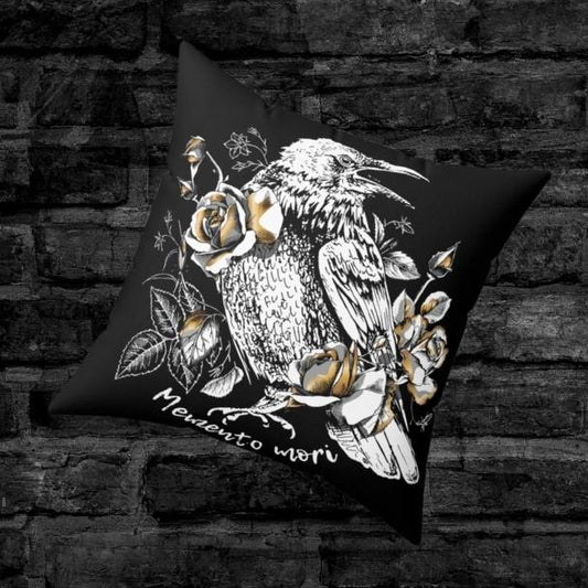 Black and Gold Raven with Roses Steampunk Pillow