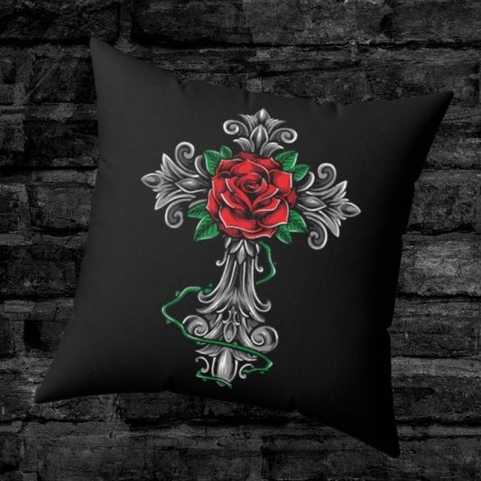 Gothic Red Rose Cross Throw Pillow