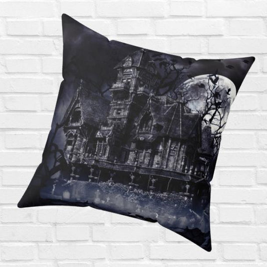 Haunted House and Full Moon Throw Pillow