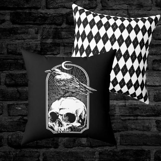 Skull and Raven Checkered Back Throw Pillow