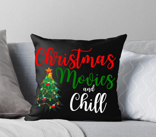 Christmas Movies and Chill Black Throw Pillow with Tree