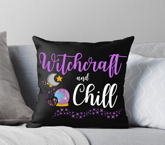 Purple Witchcraft and Chill Black Throw Pillow