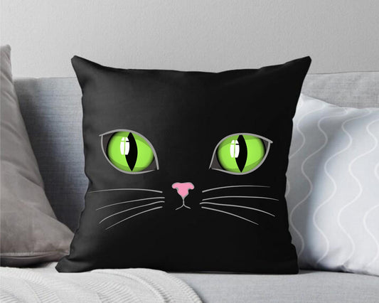 Green Cat Eyes Gothic Witch Black Cat Throw Pillow