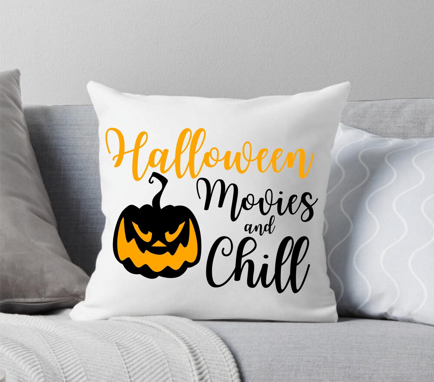 Halloween Movies and Chill Jack O Lantern White Throw Pillow