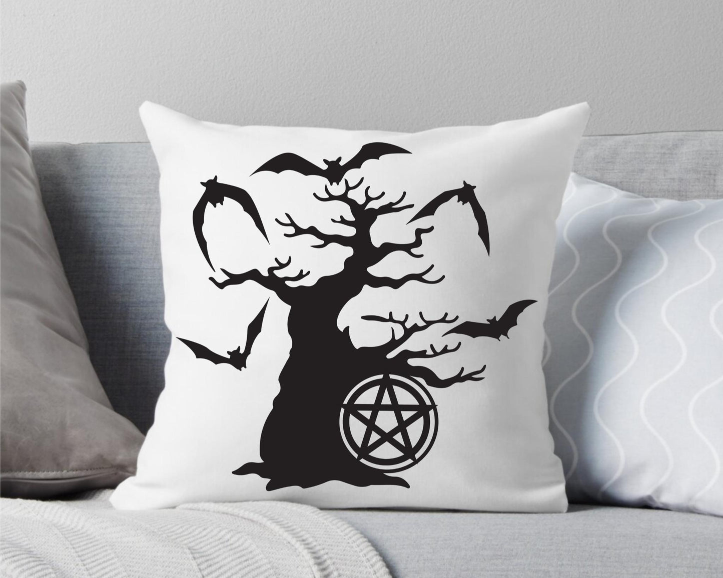 Spooky Tree with Pentagram White Throw Pillow