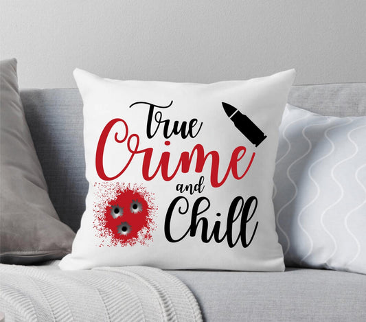 True Crime and Chill Gunshot with Bullet White Throw Pillow