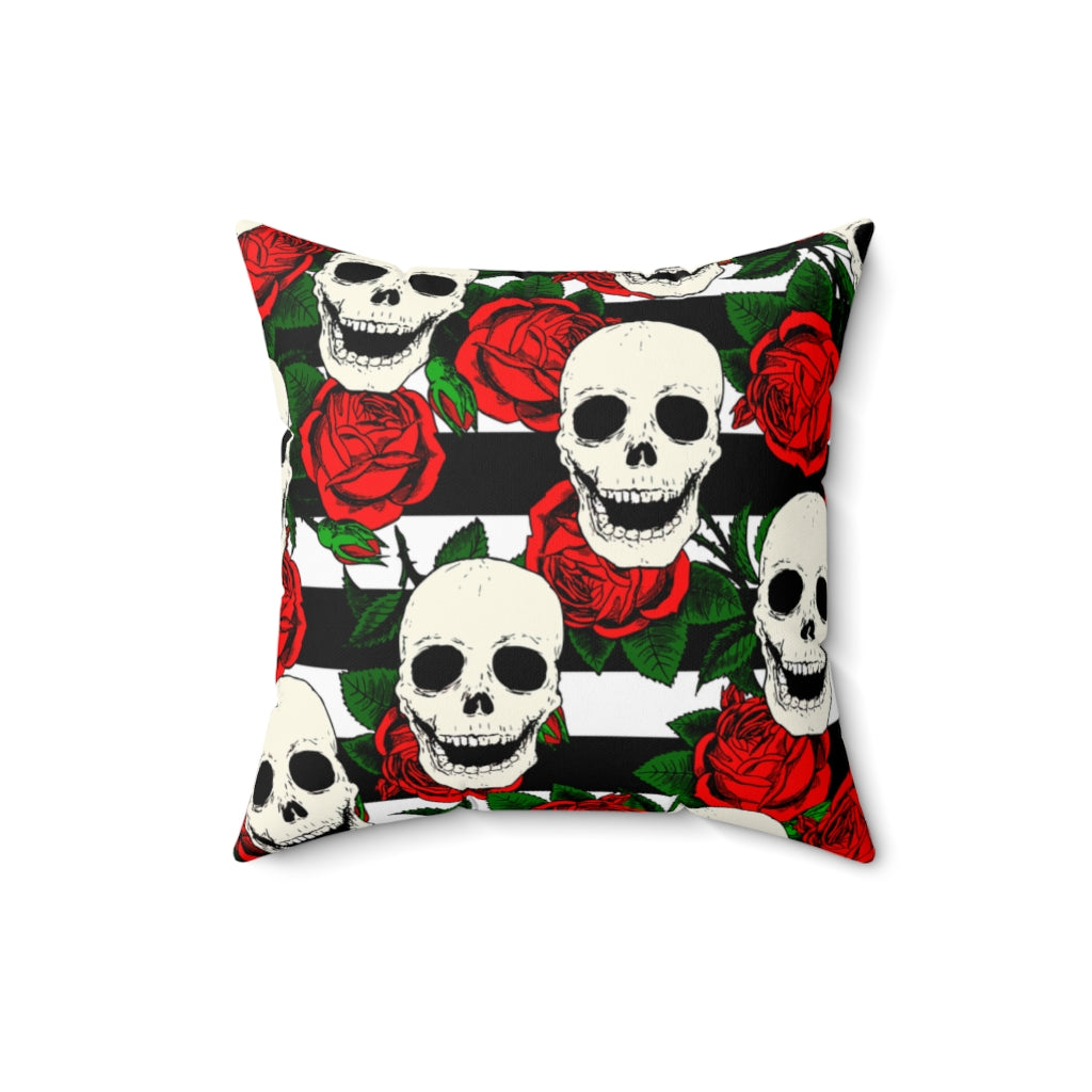 Skull and Red Rose Gothic Patterned Pillow