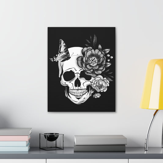 Black and White Floral Skull Hanging Wall Canvas