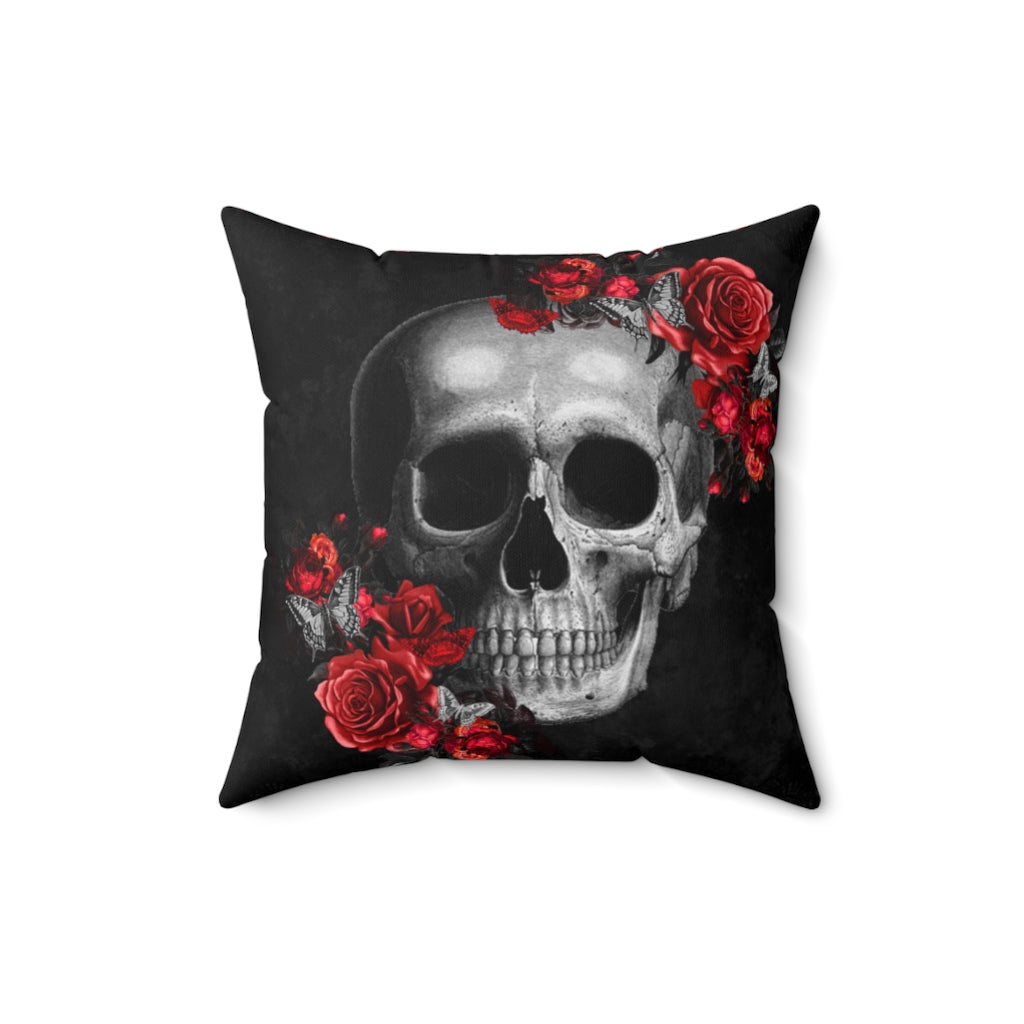 Red Rose Floral Skull Throw Pillow