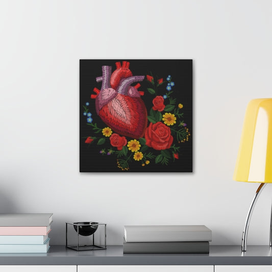 Eclectic Style Human Heart and Flowers Square Wall Canvas