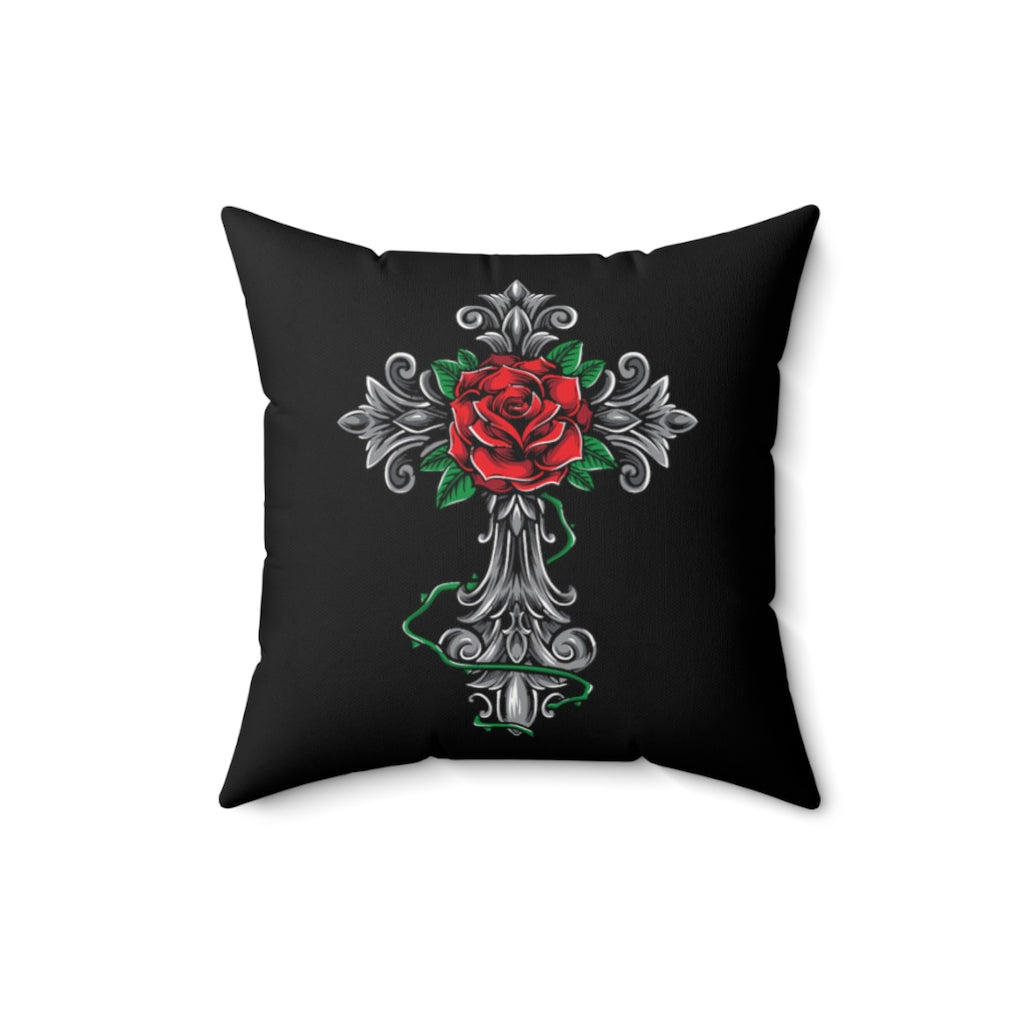 Gothic Red Rose Cross Throw Pillow