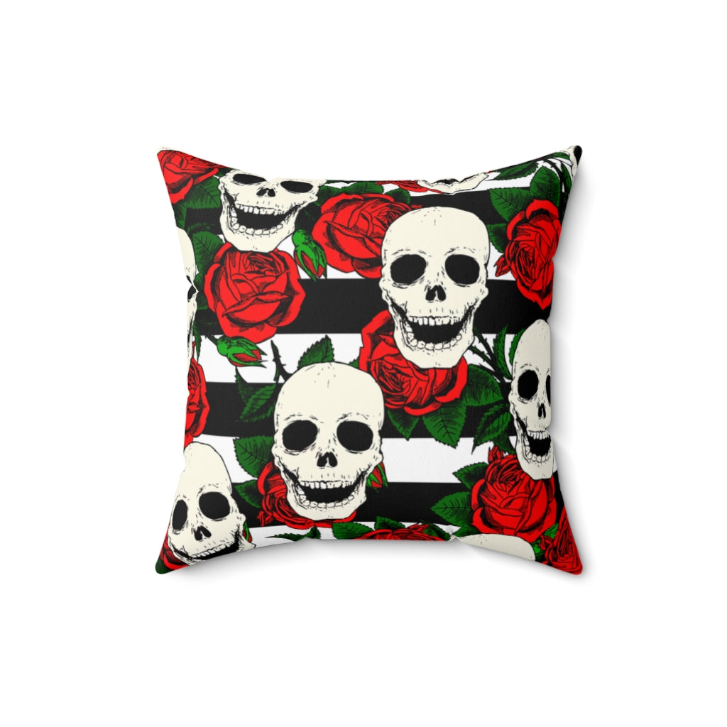 Skull and Red Rose Gothic Patterned Pillow